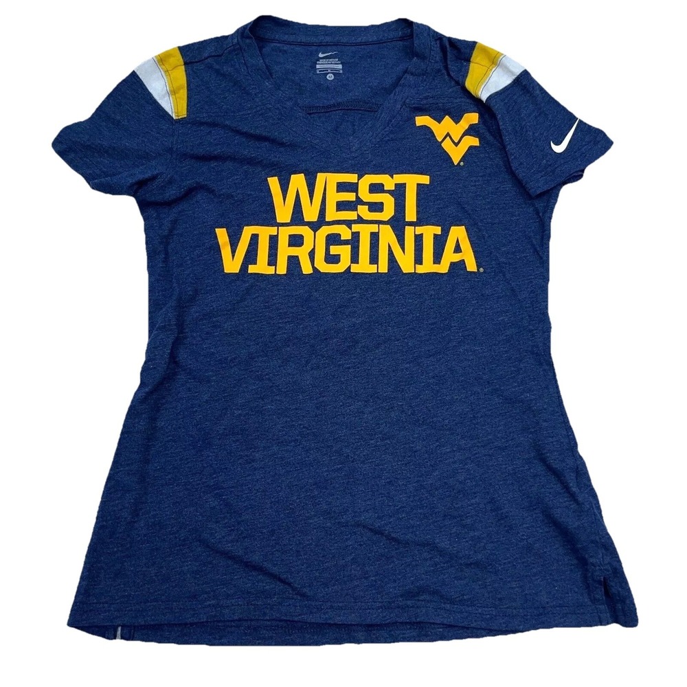 West Virginia Mountaineers Shirt Women Medium Blue Nike Tee V Neck Ladies Top